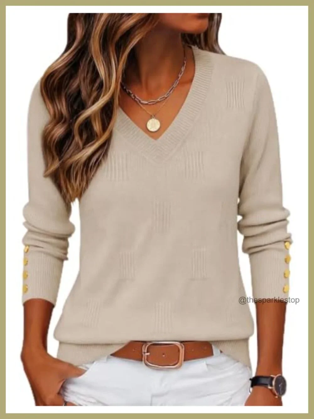 Women's V Neck Sweater Long Sleeve Knit Pullover Ribbed Top Button Cuff Work